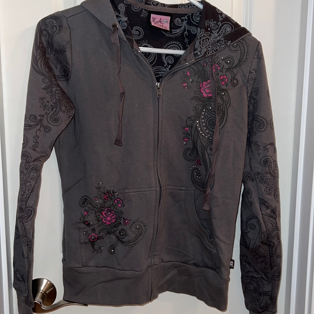 LA Kitty tattoo jacket small rhinestone gray